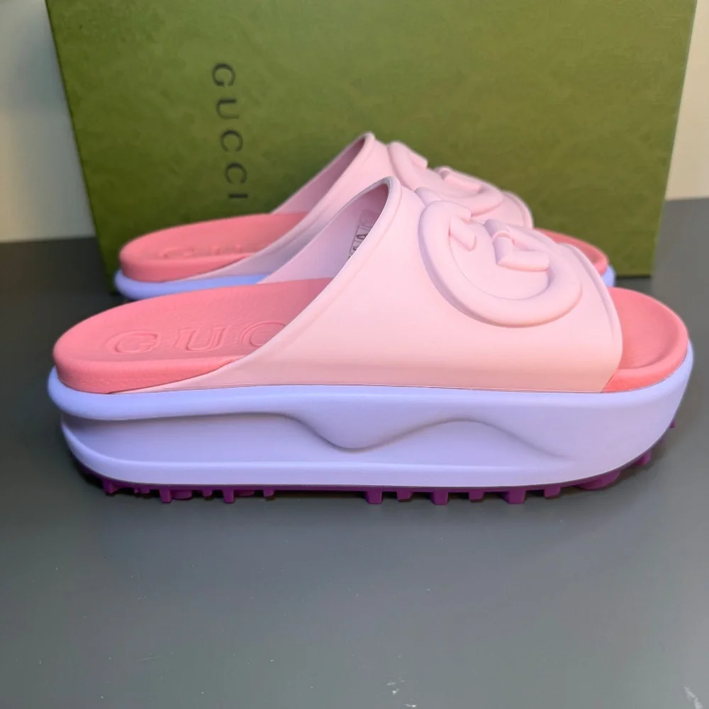 NWT GUCCI POOL SLIDES SIZE 38-8US platform interlocking logo pink purple - Picture 4 of 10